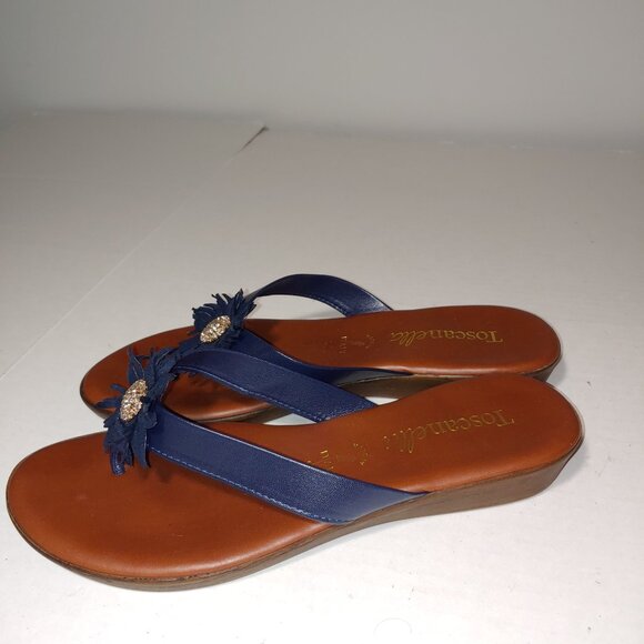 Toscanella Leather Embellished Leather Thong Fringed Sandals Sz 9 1/2 Navy Blue - Picture 6 of 8